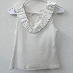 &Merci White Ruffle Collar Tank Top Cotton Blend Tie Back Cottagecore S